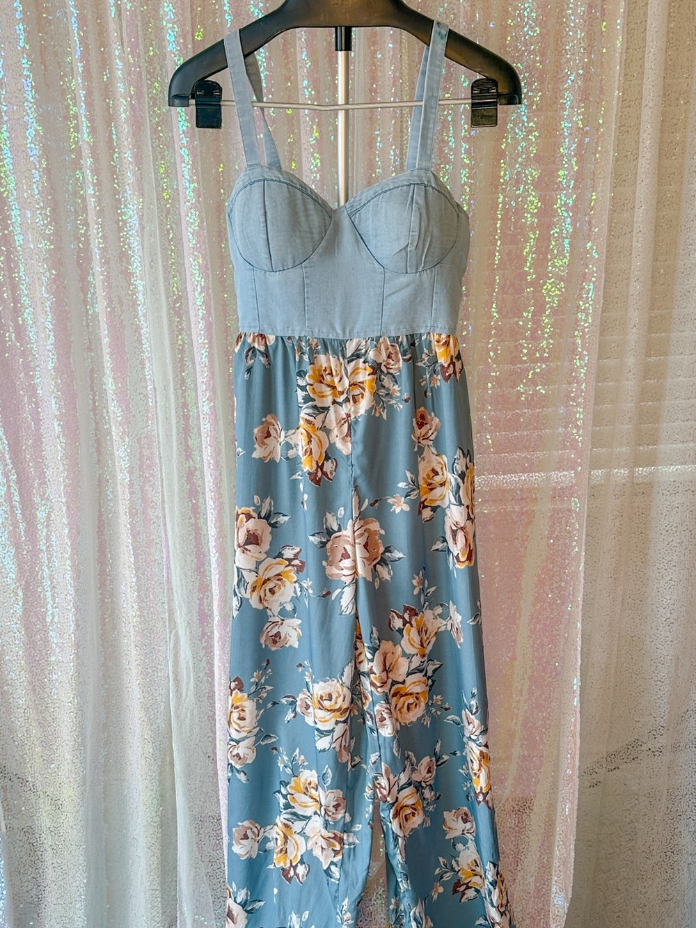 Denim Bodice Blue Floral Jumpsuit
